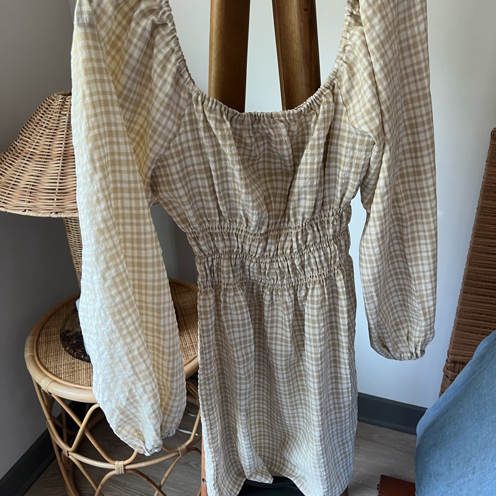 Cream Gingham Long Sleeve Dress